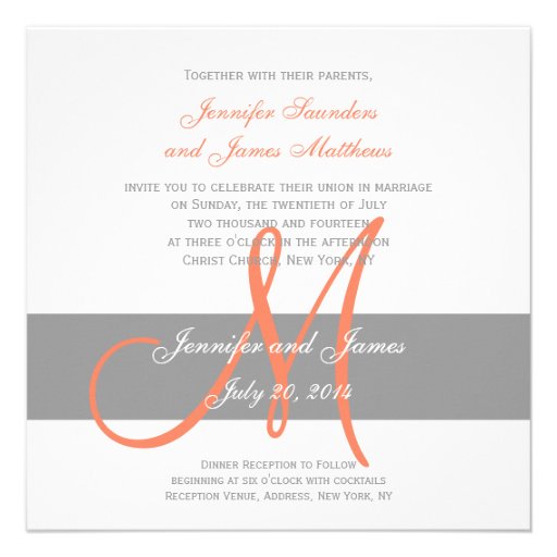 Grey Orange Wedding Invitation | Monogram Names