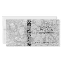 grey outlined damask on black pattern photo card