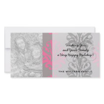 grey pink and black chic damask pattern personalized photo card