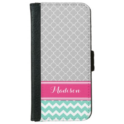 Grey Pink Aqua Chevron Quatrefoil Monogram Wallet Phone Case For iPhone 6/6S