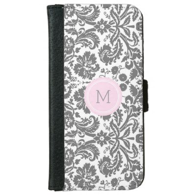 Grey Pink Damask Pattern Monogram Wallet Phone Case For iPhone 6/6S