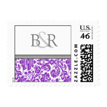 Grey Plum Damask Monogram Wedding Stamps