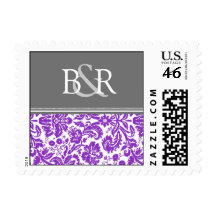 Grey Plum Damask Monogram Wedding Stamps