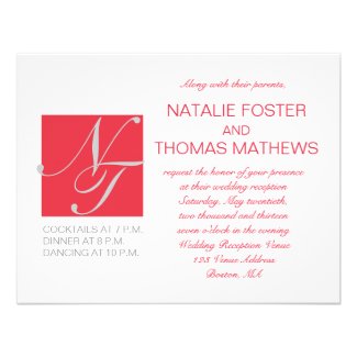 GREY RED WHITE INITIALS SIMPLE WEDDING RECEPTION PERSONALIZED INVITATION