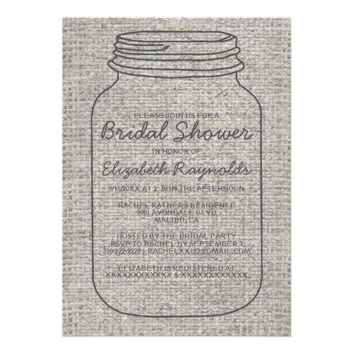 Grey Rustic Burlap Mason Jar Bridal Shower Invites