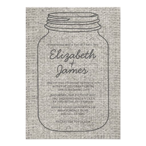 Grey Rustic Burlap Mason Jar Wedding Invitations