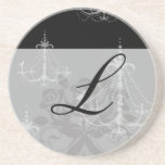 grey silver chandelier damask on black drink coaster