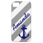 GREY STRIPES BLUE ANCHOR NAME iPHONE 5 CASE