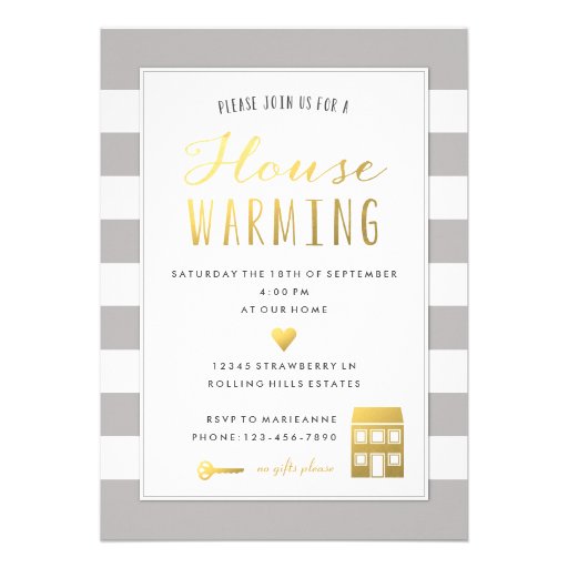 Grey Stripes - Gold House Warming Party Invitation