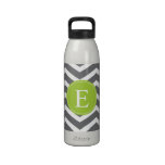 Grey White Chevron Green Monogram Water Bottles