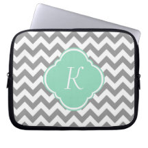 Grey & White Chevron Stripe Custom Monogram Laptop Computer Sleeve