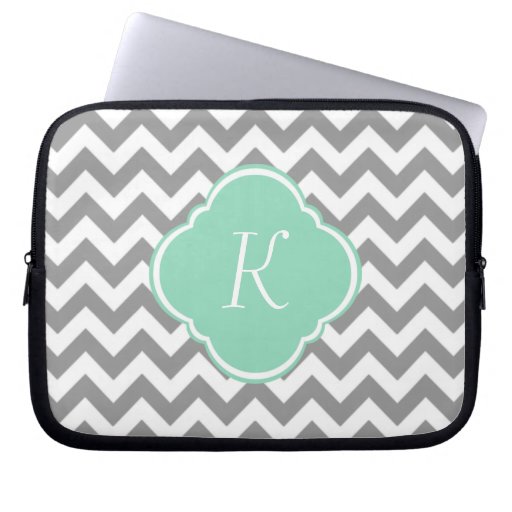 Grey & White Chevron Stripe Custom Monogram Laptop Computer Sleeve
