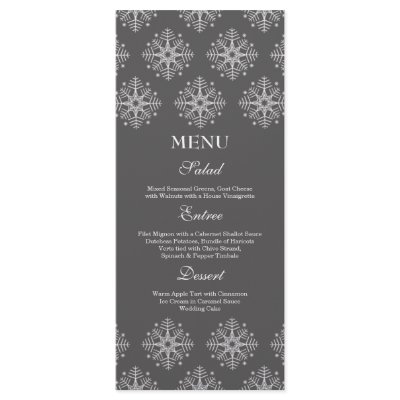 Grey + white snowflakes winter wedding food menu custom rack card
