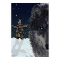 Grey Wolf, Arctic Inukshuk & Stars Art Poster