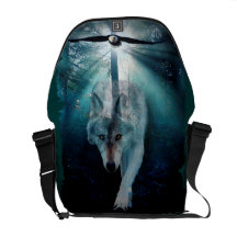 Grey Wolf & Eagle in Forest Wildlife Messenger Bag