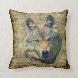 Grey Wolf Head on Rustic BG Wildlife Throw Pillow
