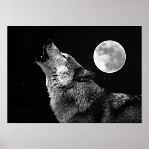 Grey Wolf & Moon Poster Print print