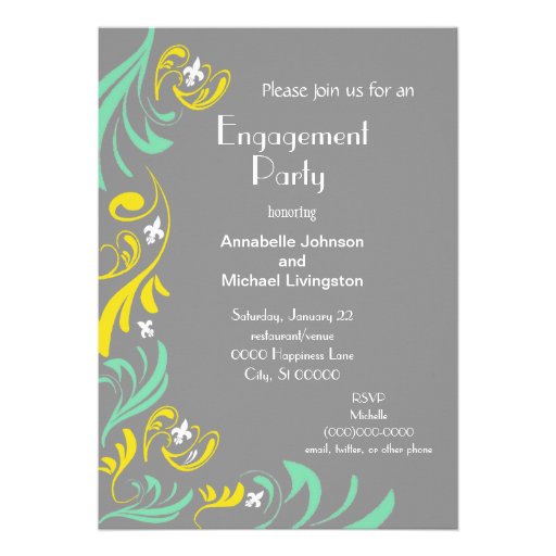 Grey Yellow Fleur de Lis Vine Engagement Party Personalized Invite