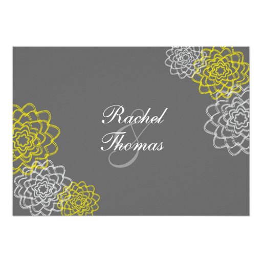 Grey/Yellow Sketched flowers Wedding Invite