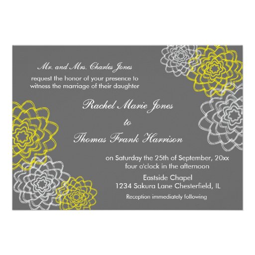 Grey/Yellow Sketched flowers Wedding Invite
