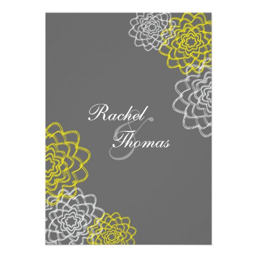 Grey/Yellow Sketched flowers Wedding Invite