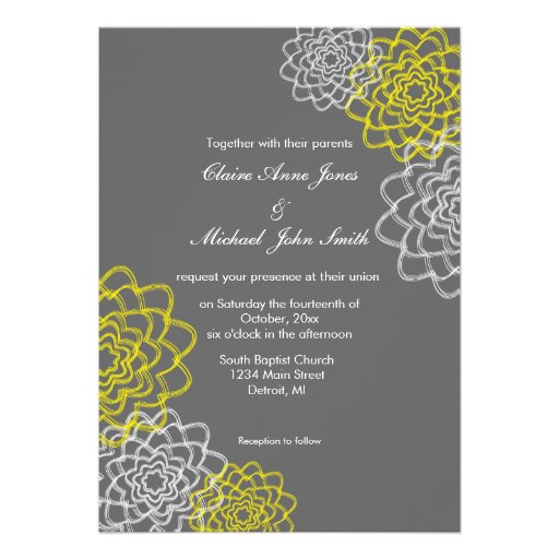 Grey/Yellow Sketched flowers Wedding Invite