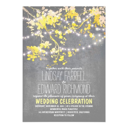 Grey yellow wedding invitation with string lights