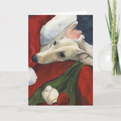 ' Greyhound and Santa' Dog Art Christmas Card