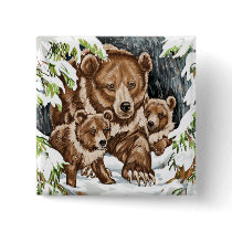 Grizzly Bear Mother and Cubs in Winter buttons
