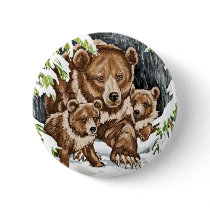 Grizzly Bear Mother and Cubs in Winter buttons