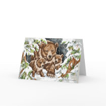 Grizzly Bear Mother and Cubs in Winter Cards