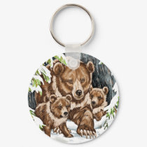 Grizzly Bear Mother and Cubs in Winter keychains