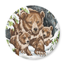 Grizzly Bear Mother and Cubs in Winter magnets