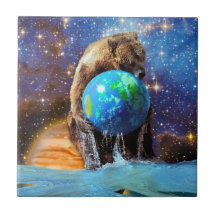 Grizzly Bear & Planet Earth Fantasy Art Tile