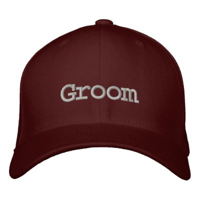 Groom baseball cap in maroon with dark gray font. by perfectwedding