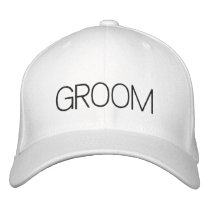 Groom cap in white with black font embroidered hats