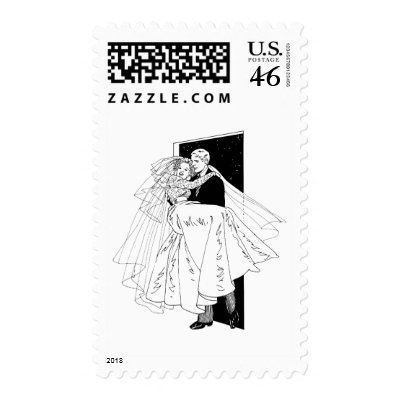 Groom Carrying Bride in White Wedding Dress Postage Stamps by weddingcards