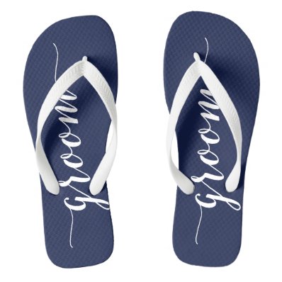 Groom Navy Blue Wedding Party Flip Flops Wide