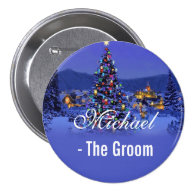 Groom, vintage Christmas tree snowy night Buttons