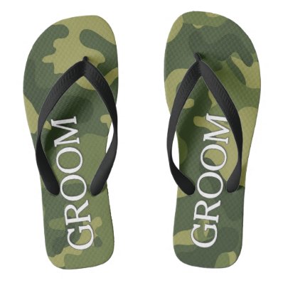 Groom with Green Camoflauge Pattern Flip Flops