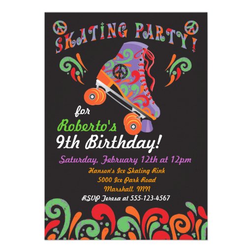 Groovy Black Roller Skating Party Invitations