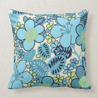 Groovy Blue Flowers Throw Pillow