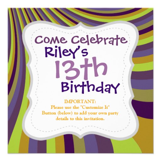 Groovy Purple and Green Rainbow Slide Stripes Patt Personalized Invitation
