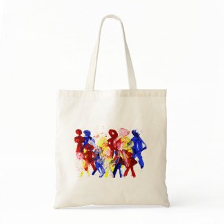 Group of standing stick figures finger painting re bags
