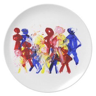 Group of standing stick figures finger painting re plate