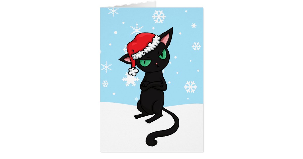 Grumpy Black Cat wearing Santa Hat Card | Zazzle