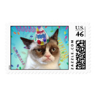 Grumpy Cat in a Birthday Hat Postage Stamps