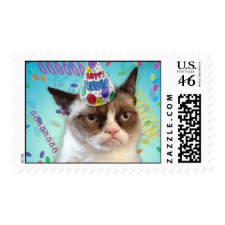 Grumpy Cat in a Birthday Hat Postage Stamps