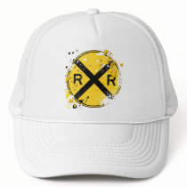 GRUNGE AND SPLATTER RAILROAD CROSSING SIGN MESH HAT