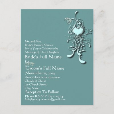 Grunge Aqua Blue Heart Swirl Wedding Invitation Postcards by samack